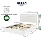 Lit plateforme rembourré en bouclette Queen Size avec tiroirs, ivoire