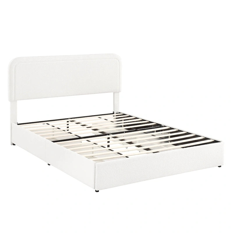 Lit plateforme rembourré en bouclette Queen Size avec tiroirs, ivoire
