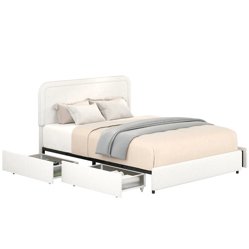 Lit plateforme rembourré en bouclette Queen Size avec tiroirs, ivoire