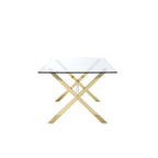 Table à manger de 79 pouces, plateau rectangulaire en verre trempé, or, transparent
