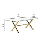 Table à manger de 79 pouces, plateau rectangulaire en verre trempé, or, transparent