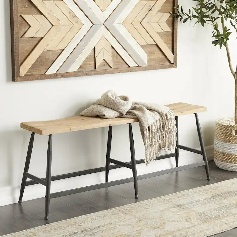 Banc d'entrée étroit en métal marron avec assise en bois