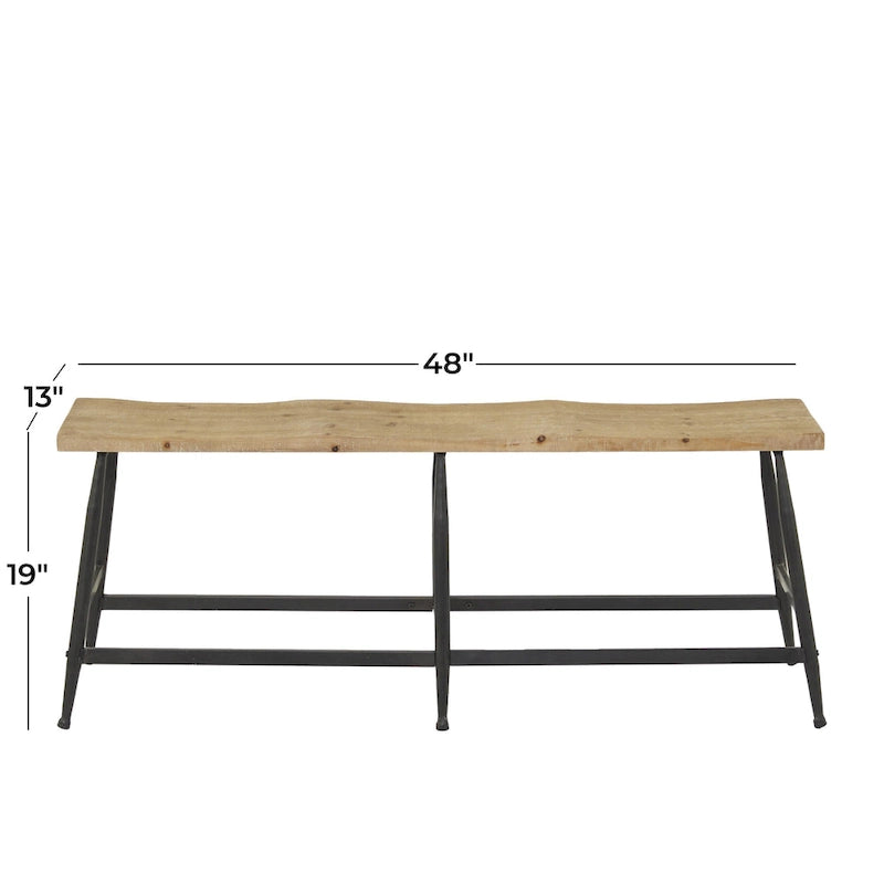 Banc d'entrée étroit en métal marron avec assise en bois
