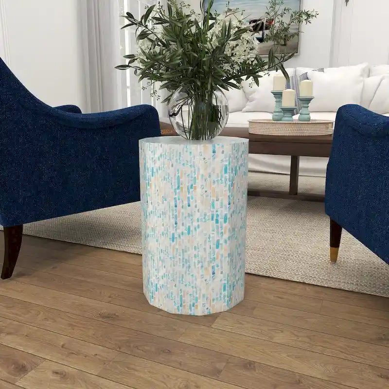Table d'appoint ou de chevet en nacre incrustée de mosaïque faite à la main - Bleue